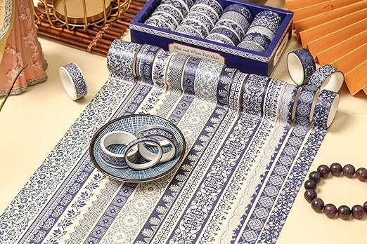 Blue & White Porcelain Washi Tape Set, Traditional Chinese Ceramic Pattern Decorative Masking Tapes, Oriental Art for Craft, Scrapbook, DIY, Gift Wrapping (2-Echoes of Blue/19 Rolls)