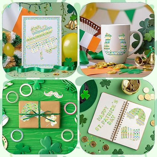 Lucky Pattern Washi Tape - 12 Rolls Lucky Marshmallow Shamrock Rainbow Pot of Gold Horseshoe Scrapbook Washi Decorative Tape Set School Office Scrapbooking Junk Journal Supplies DIY Craft