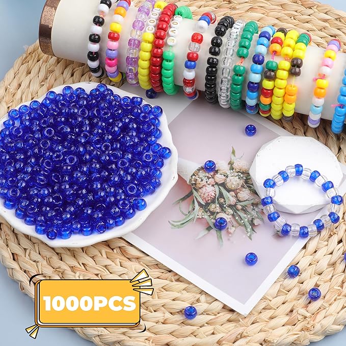 Plastic Pony Beads, 1000 Pcs, 6x9mm, for Bracelet, Hair Braiding, Friendship Bracelets, Jewelry Making (Blue Glitter)