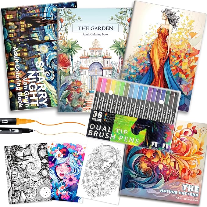 Adult Coloring Books for Women Relaxation, 4Pcs Mindfulness Coloring Books for Women with 36 Colors Markers, 36 Dual Tip Colors Markers(Brush and Fine Point), Anxiety Relief Mindfulness Gift