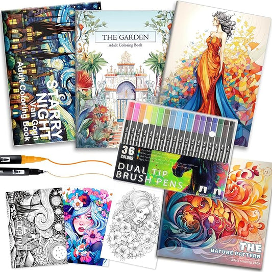 Adult Coloring Books for Women Relaxation, 4Pcs Mindfulness Coloring Books for Women with 36 Colors Markers, 36 Dual Tip Colors Markers(Brush and Fine Point), Anxiety Relief Mindfulness Gift