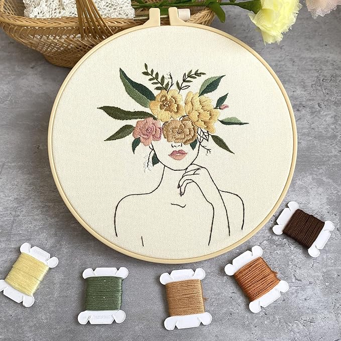 harimau 3 in beginner embroidery kit,floral plant pattern,cross stitch kits, including stamped embroidery cloth with 3 embroidery hoops, color threads and embroidery kits