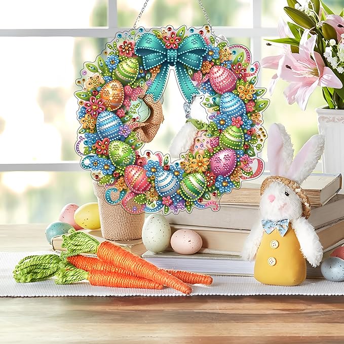 DIY Diamond Art Painting Wreath Kits，Special Shaped Rhinestone Hanging Ornament Diamond Art Window Pendants for Gift Home Garden Wall Hanging Kits,Double Sided (Easter Wreath)