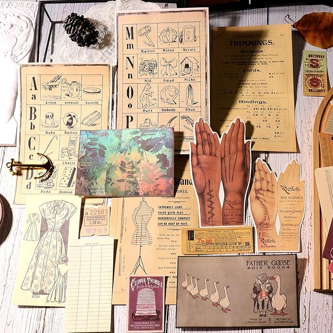 CATaireen Vintage Junk-Journal Mixed Paper Scrapbooking Embellishments Set Retro Journaling Decoupage Stickers Textured Packaging Decorative Cards Tags Kit (Library 2)