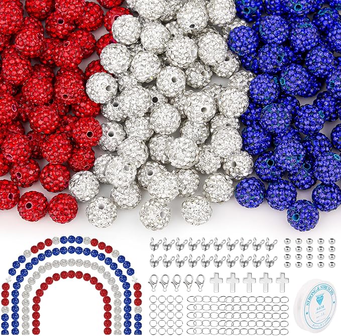 256Pcs 10mm Rhinestone Beads Kit for Jewelry Making, 3 Colors Round Disco Ball Sparkly Beads with Cross Charms and Accessories for DIY Baseball Necklaces Bracelets Earrings