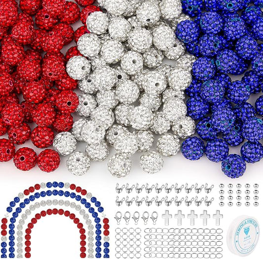 256Pcs 10mm Rhinestone Beads Kit for Jewelry Making, 3 Colors Round Disco Ball Sparkly Beads with Cross Charms and Accessories for DIY Baseball Necklaces Bracelets Earrings