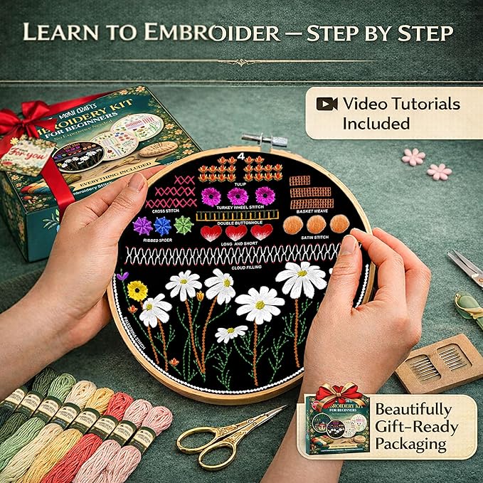 Moni Crafts - Embroidery Kit for Beginners Adults – Learn Embroidery Stitches, Complete Starter Kit with 4 Pre-Printed Patterns (Mushroom & Floral), Threads, Needles & Hoop – Video Tutorials