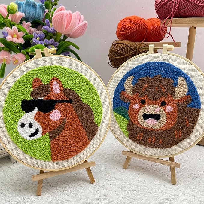 Punch Needle Kit for Adult Beginner, 2-Pack Horse & Highland Cow Punch Embroidery Starter Set with Instructions – Yarn Needle Punch Craft for Xmas Gift Idea & Home Wall Decor