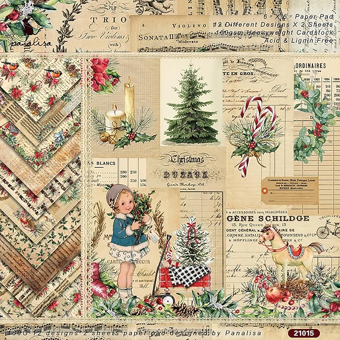 Christmas Pattern Scrapbook Paper, 6 Inch Card Production Supplies, 24 Sheets Single Sided Acid-Free Cardstock Greeting Card, Handmade Gift Journaling Craft Kits (E-style)