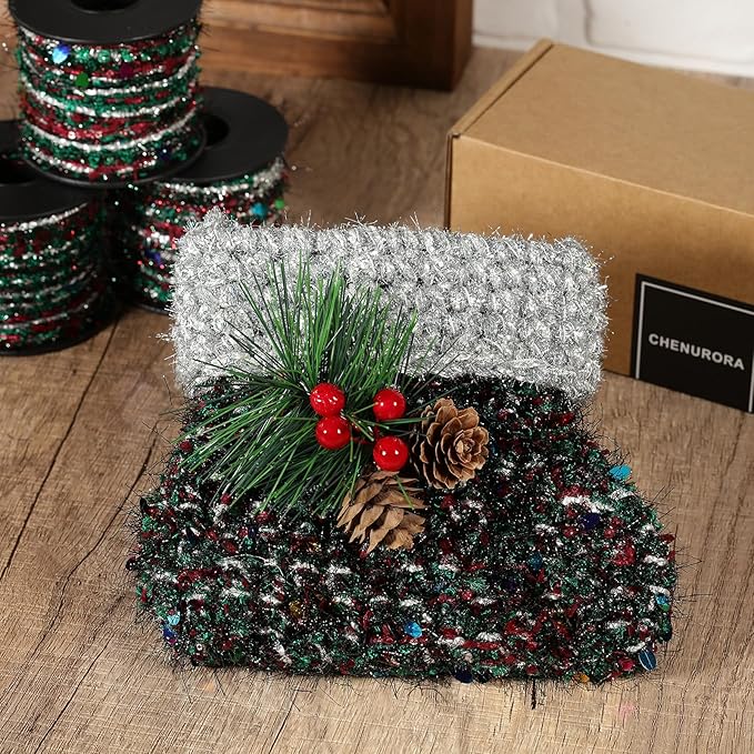 Artisanal Yarn Collection Multifiber Fancy Yarn with Colorful Sequins for Knitting Crocheting Crafts DIY, Set of 3 Rolls (Christmas Green)