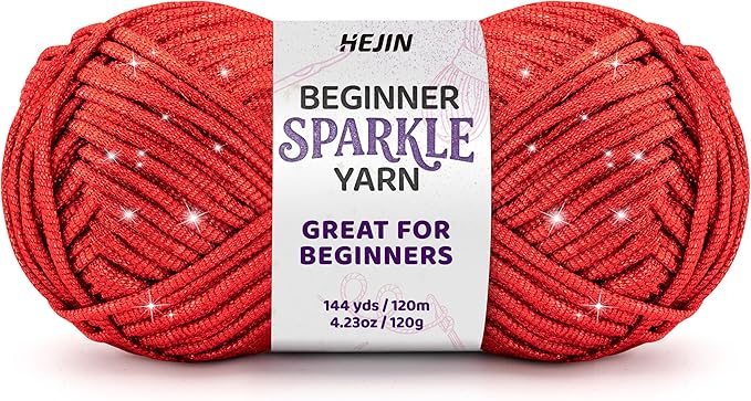 120g Red Sparkle Yarn for Crocheting and Knitting; 120m(144yds) for Beginners with Easy-to-See Stitches; Worsted-Weight Medium #4; Yarn for Beginners Crochet Kit Making