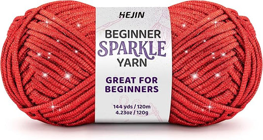 120g Red Sparkle Yarn for Crocheting and Knitting; 120m(144yds) for Beginners with Easy-to-See Stitches; Worsted-Weight Medium #4; Yarn for Beginners Crochet Kit Making