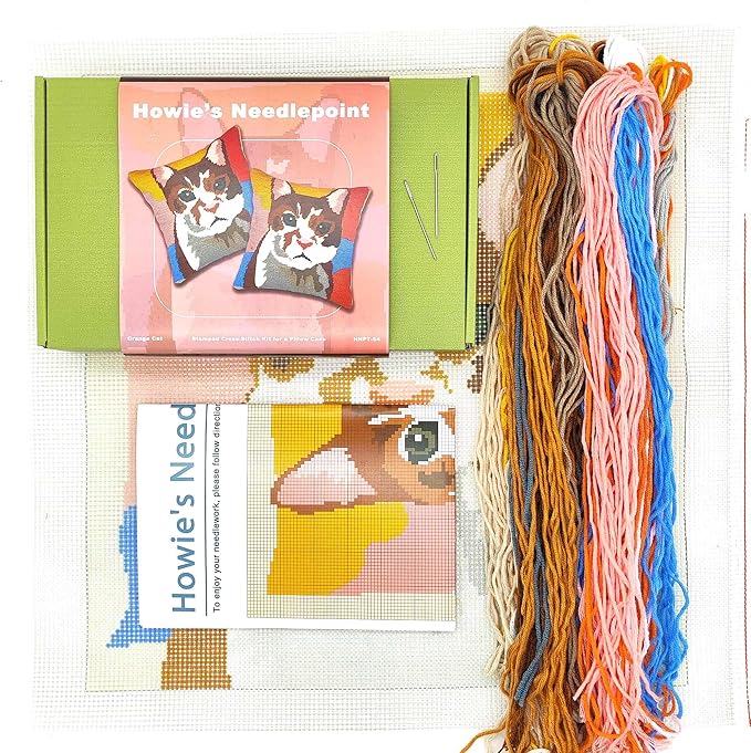 Howie's Needlepoint Needlepoint Kits for Adults, Pillow Front Cross Stitch Kit with Embroidery Pattern on Canvas, Yarn, 2 Needles and Instruction, 16 x 16inch(Cat)