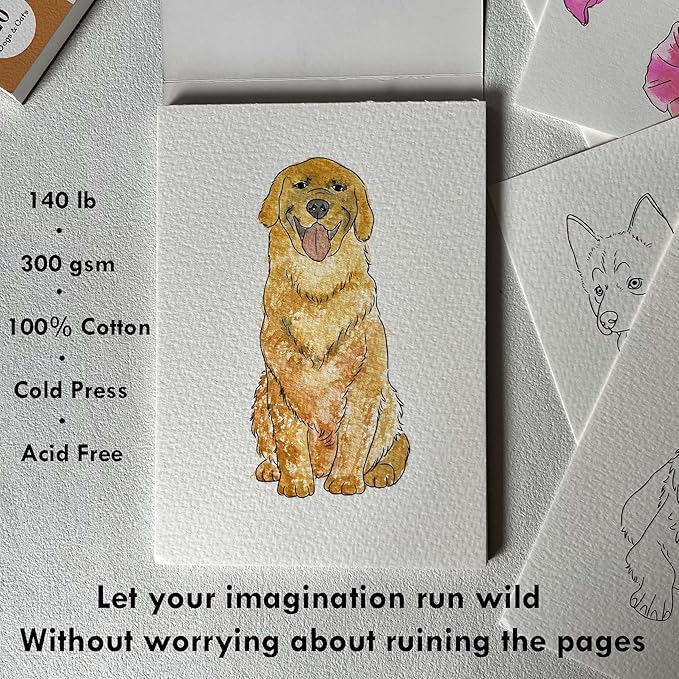 tumuarta Watercolor Coloring Book, 20 Unique Designs, 5x7”, 100% Cotton, 300GSM, 140 LB, Cold Press, Acid Free Watercolor Paper, Glue Bound Mixed Media Sketch Book (Dogs & Cats)