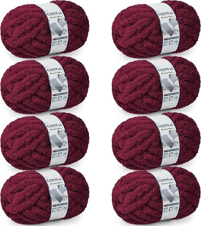 Chunky Yarn for Hand Knitting - #10 Chunky Chenille Yarn, Jumbo Big Thick Chunky Yarns for Crocheting, Super Bulky Chunky Knit Blanket Yarns, 8 Skein (25 yds 8 oz Each Skein), Burgundy