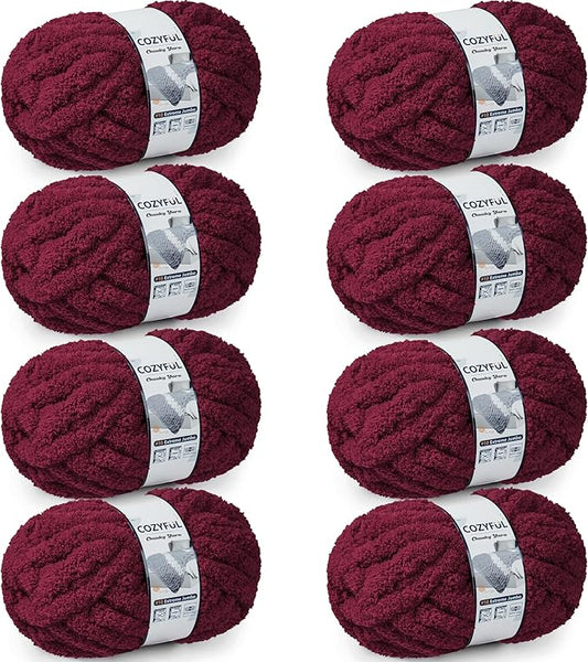 Chunky Yarn for Hand Knitting - #10 Chunky Chenille Yarn, Jumbo Big Thick Chunky Yarns for Crocheting, Super Bulky Chunky Knit Blanket Yarns, 8 Skein (25 yds 8 oz Each Skein), Burgundy