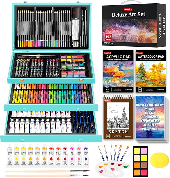 Soucolor Art Supplies, 192-Pack Deluxe Art Set Drawing Painting Supplies Art Kit with Acrylic Pad, Watercolor Pad, Sketch Book, Canvases, Acrylic Paint, Crayons, Pencils, Gifts for Artists Adults