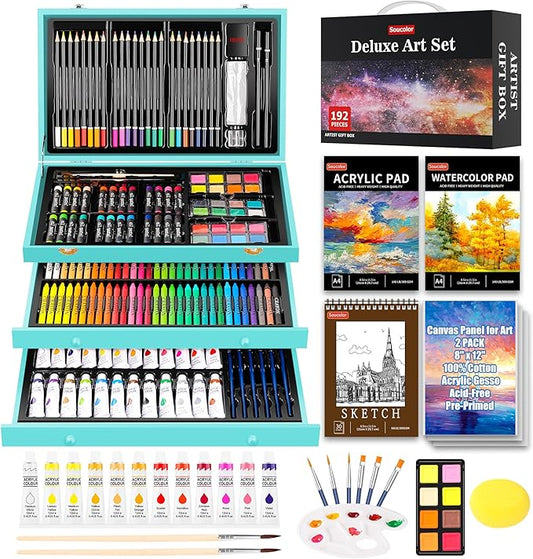 Soucolor Art Supplies, 192-Pack Deluxe Art Set Drawing Painting Supplies Art Kit with Acrylic Pad, Watercolor Pad, Sketch Book, Canvases, Acrylic Paint, Crayons, Pencils, Gifts for Artists Adults