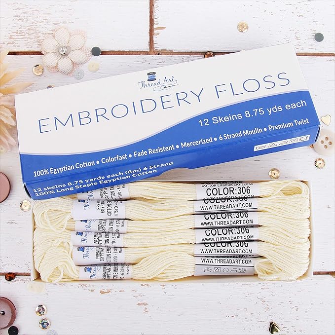 12 Skeins ThreadArt Premium Egyptian Long Fiber Cotton Embroidery Floss | Off White | 6 Strand Divisible Thread 8.75yds Each for Hand Embroidery, Friendship Bracelets, Cross Stitch and Crafts