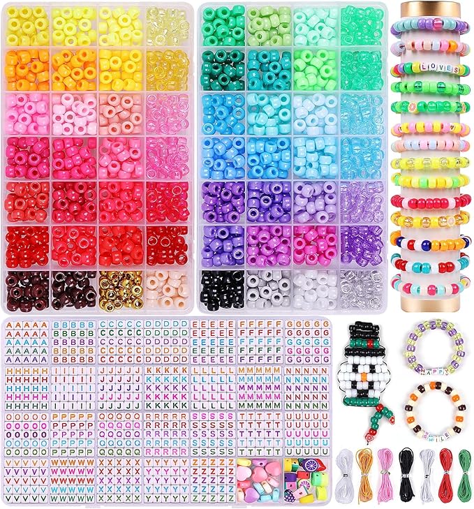 3050 Pcs Pony Beads for Bracelet Making Kit, 56 Colors 6x9mm Rainbow Kandi Beads, Friendship Bracelet Kit with 1000 Pcs A to Z Colorful Letters for Name Bracelets Jewelry Making for Adults