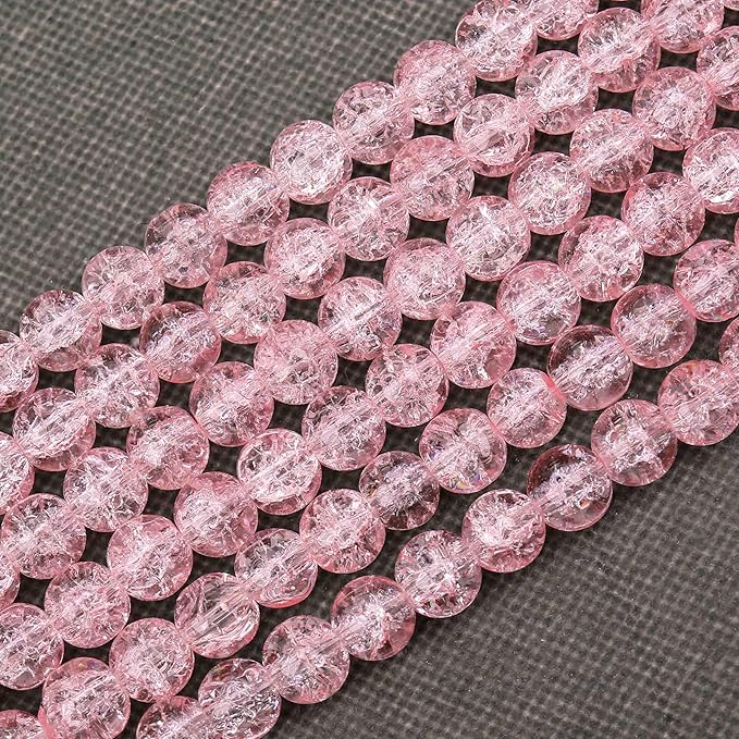 80PCs 10mm Pink Crackle Glass Beads Bulk, Round Smooth Hole Glass Crystal Beads for Jewelry Making, DIY Bracelets, Necklaces, Bag Charms, Keychains and Craft Projects