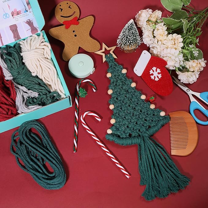 FREEBLOSS 4 Set Christmas Tree Macrame DIY Kit for Beginners Christmas Tree Hanging Ornaments for Holiday Wall Hanging, Come with Step by Step Tutorial