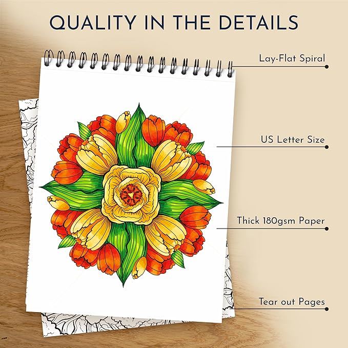 Premium Nature Mandala Coloring Book for Adults – 50 Floral Designs – 180gsm Thick Bleed-Proof Paper, Spiral Bound Lay-Flat, Perforated – Frameable Art, Relaxation Gifts for Women, Flower Patterns