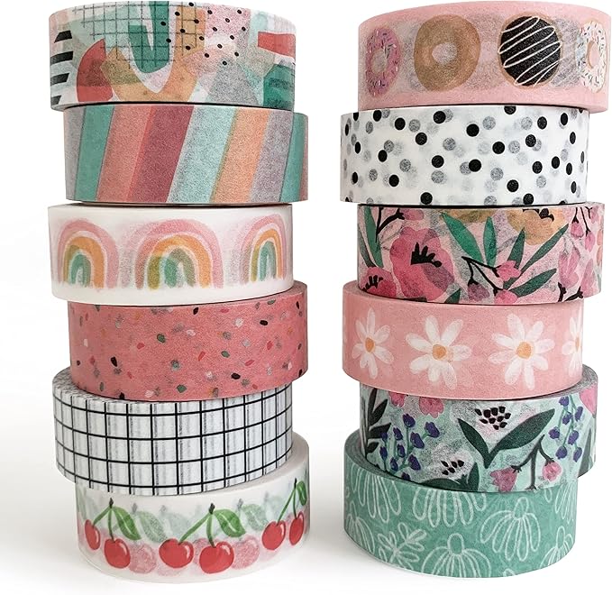 zynshe washi tape set of 12 rolls of 15 mm wide cute decorative washi tape for journaling, scrapbook, washy crafts, bullet journals, planners, diy décor, gift wrapping, craft supplies (retro)