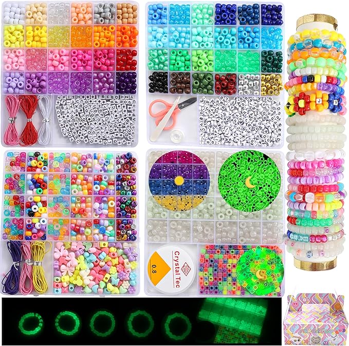 2500 PCS Pony Beads Jewelry Making Kit – 96 Colors, UV Color Changing & Glow Alphabet Beads, Heart Bow Crystal String, Tools, Gift Box for DIY Bracelets, Necklaces