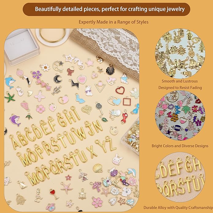 407 Pcs Jewelry Making Charms Kit with Jump Rings – Bulk Enamel, KC Gold & Letter Charms for DIY Necklace, Bracelet & Earring Craft Supplies