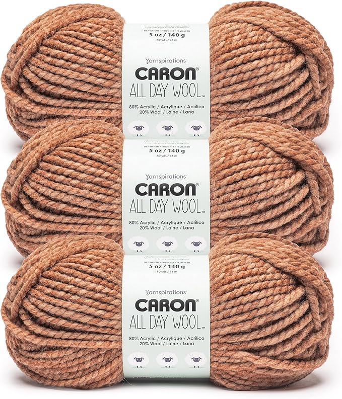 Caron All Day Wool Sand Dune Yarn - 3 Pack of 170g/6oz - 80% Acrylic 20% Wool - # 6 Super Bulky - 108 Yards - Knitting/Crochet