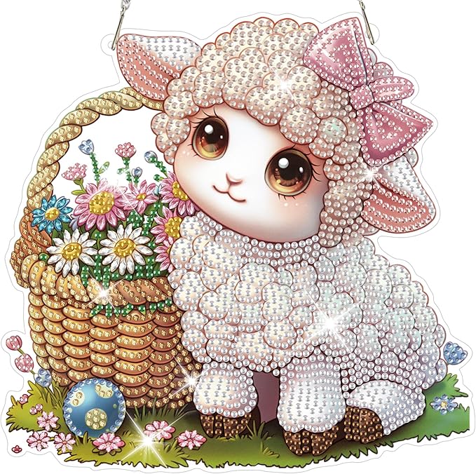 HEIBAGO Easter Lamb Diamond Art Hanging Kits for Adults, Diamond Art Suncatchers Sheep, 5D Special Shape Diamond Painting Pendant, DIY Window Ornament Gifts for Home Garden Door Wall Decor 8.3 x 8.3In