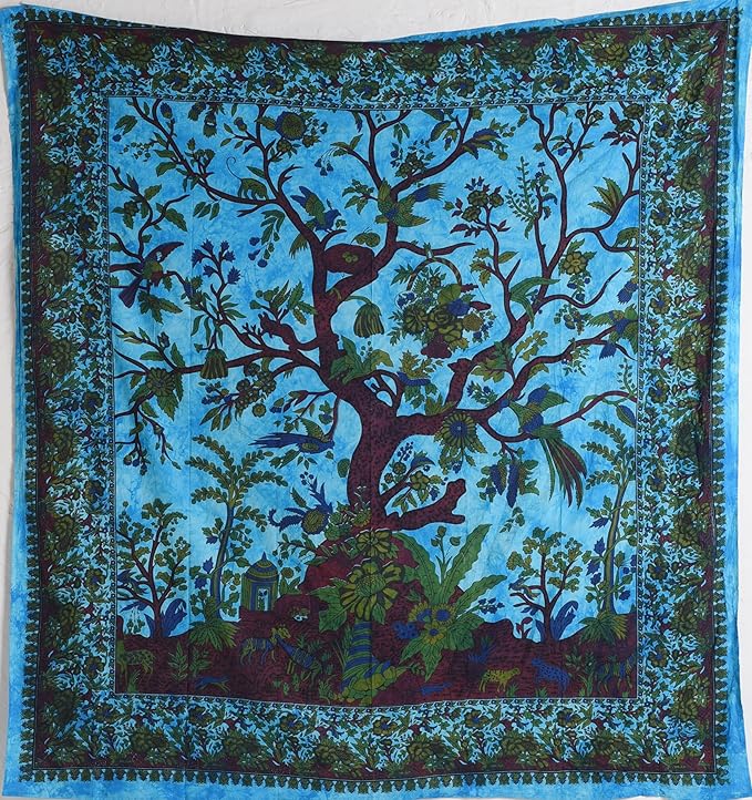 the art box tapestry turquoise tree of life wall hanging – indian cotton full size bedspread, picnic sheet, wall decor, blanket, wall art for bedroom (full, 85x90 inch)