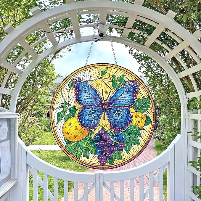 Wergund 5D DIY Butterfly Diamond Art Hanging Kits, Hanging Diamond Art Lemon Grape, Acrylic Special Shaped Rhinestone, Window Hanging Pendants for Home Wall Garden Front Door Outdoor Decor Gift