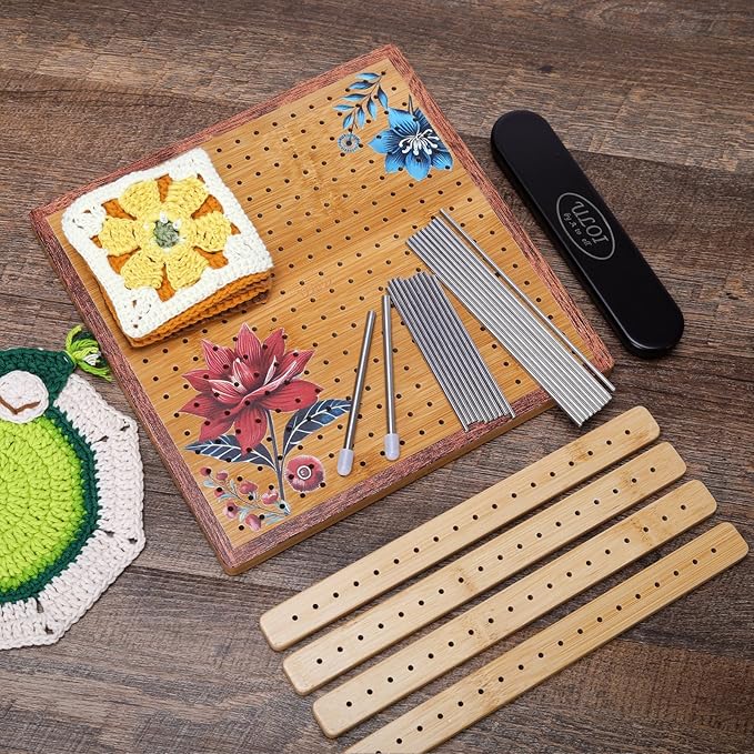 10”Crochet Blocking Board - Upgraded Style with 4 Tension Rods and 20 Pegs – Blocking Boards for Crochet Projects, Ideal for Granny Square Card Deck Users (Crimson)