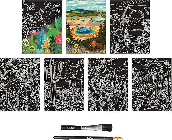 Brea Reese: Scratch Art Paper Pad - Arches & Canyons - 14 Sheets, 7 Guided Art Designs, Metallic Accents, Stylus & Brush, 6x8 Pages, DIY Adult Craft