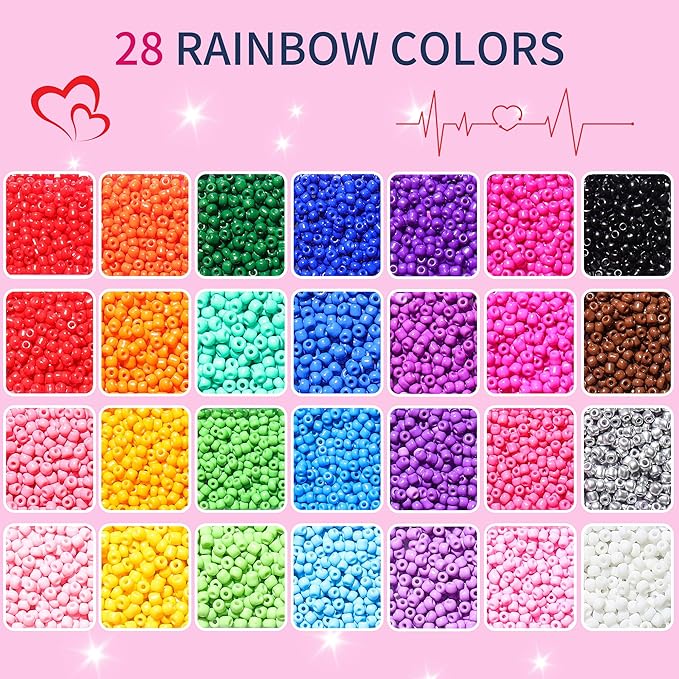 28 Colors 3mm Seed Beads, 7200PCS Glass Seed Beads Kit for Jewelry Making, Craft and Bracelet Making