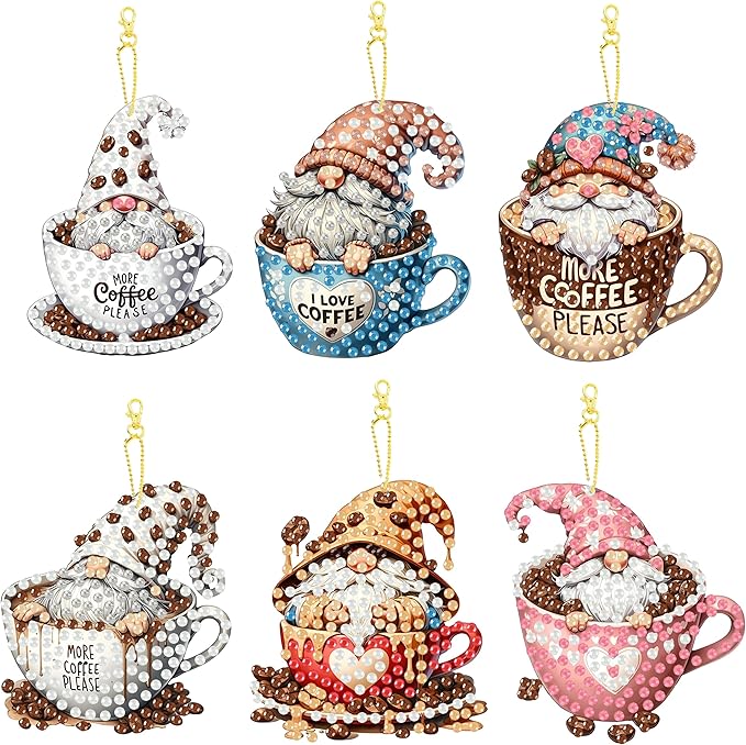 Masendp 6 Pieces Diamond Painting Keychain Coffee Diamond Art Jewelry Double Sided 5D Diamond Painting Kit for Beginners Adult DIY Art Craft Gifts Home Decor (Dwarf Style)