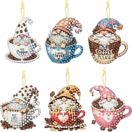 Masendp 6 Pieces Diamond Painting Keychain Coffee Diamond Art Jewelry Double Sided 5D Diamond Painting Kit for Beginners Adult DIY Art Craft Gifts Home Decor (Dwarf Style)