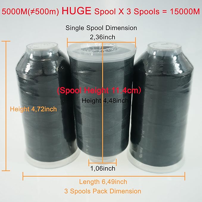 New brothreads - 40 Options- Various Assorted Color Packs of Polyester Embroidery Machine Thread Huge Spool 5000M for All Embroidery Machines -3xBlack