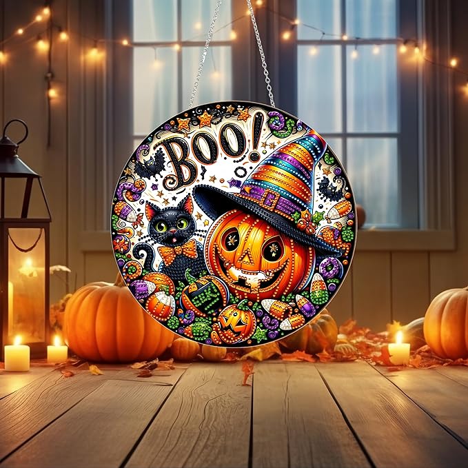 DIY Halloween Acrylic Diamond Art Painting Wreath Kits Special Shaped Rhinestone 5D Diamond Art Window Pendants Home Garden Wall Hanging Kits Hanging Ornament (Pumpkin and Cat)