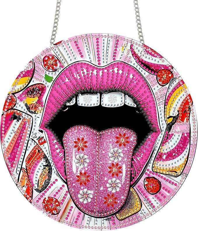 Bimkole Tongue Diamond Art Hanging Kit for Adult, DIY 5D Mouths Diamond Art Painting Window Pendant, Acrylic Crystal Art Hanging Ornament for Wall Home Garden Front Door Decor - 7.8x7.8 Inch