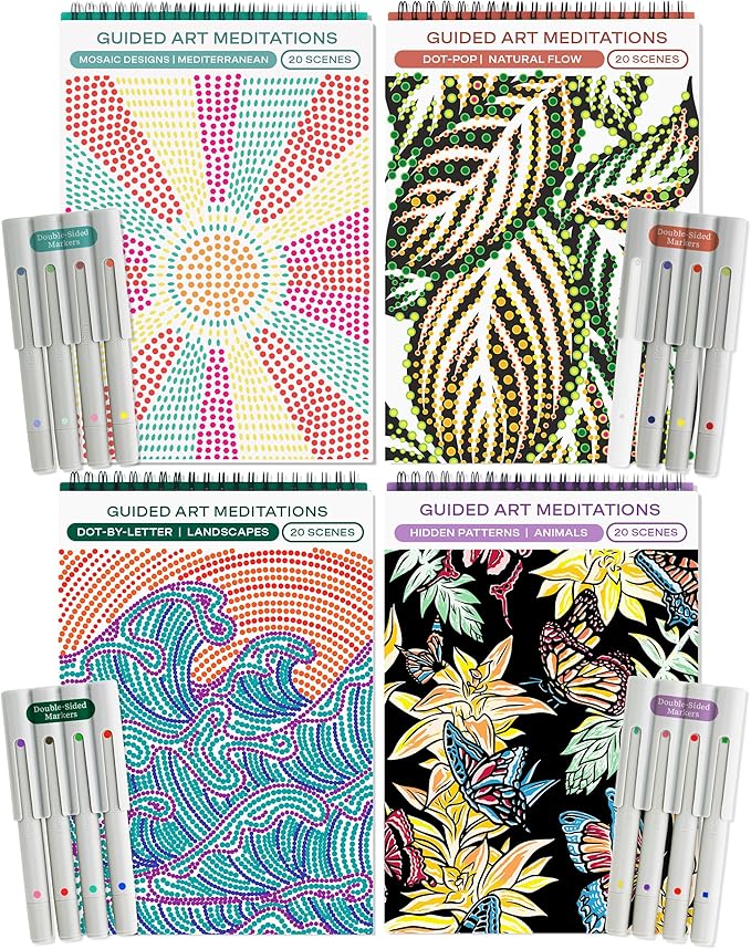 Lifelines FlowArt Activity Pads, 4-Pack - Guided Art Meditations with 4 Sets of Markers & 80 Scenes - Color by Number/Letter, Dot Art and More Coloring Books for Tweens, Adults & Seniors