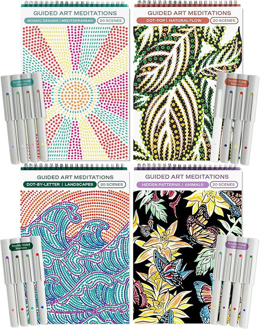Lifelines FlowArt Activity Pads, 4-Pack - Guided Art Meditations with 4 Sets of Markers & 80 Scenes - Color by Number/Letter, Dot Art and More Coloring Books for Tweens, Adults & Seniors