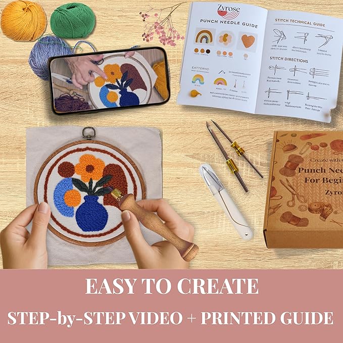 Zyrose Punch Needle Kit for Beginners – Modern Embroidery Kit with Printed Fabric, Non-Slip Hoop, Merino Yarn, 3 Needles – Boho Craft Kit for Adults & DIY Gifts (Boho Abstract)