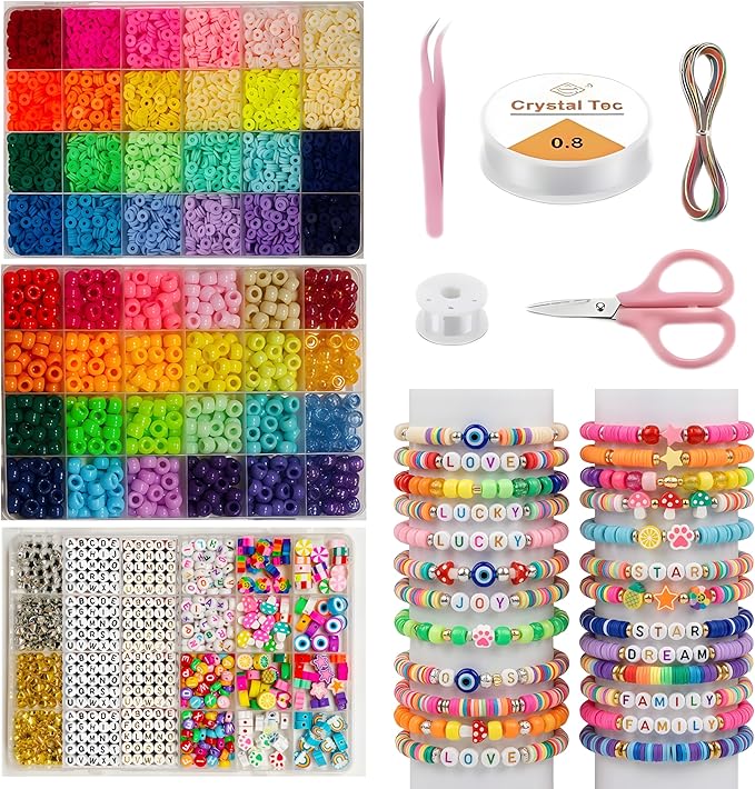 Jewelry Making Kit, 6000 PCS Complete Polymer Clay & Pony Beads Bracelet Kit, 24 Colors, 4 Alphabet Letter Sets & Charms, Organizer Box for DIY Jewelry, Gift for Girls Ages 6–12