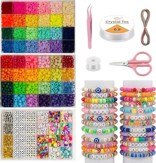 Jewelry Making Kit, 6000 PCS Complete Polymer Clay & Pony Beads Bracelet Kit, 24 Colors, 4 Alphabet Letter Sets & Charms, Organizer Box for DIY Jewelry, Gift for Girls Ages 6–12