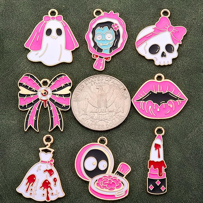 Halloween Enamel Charms, 32 Pcs Metal Set, 8 Pink-Black Pastel Goth Designs for Jewelry Making, Keychains, Phone Straps (Ghost Bride, Skull, Lipstick, Bow, Bat Lips, Compact, Bloody Dress, Zombie Cameo)