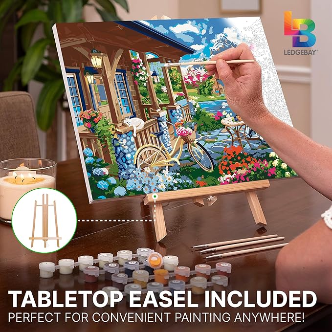 Ledgebay DIY Paint by Numbers Kit for Adults Framed Canvas Beginner to Advanced Paint by Numbers Kit Kits Include Acrylic Paint set Brushes Tabletop Easel (Colorful House Near The Lake 12"x16" Framed)