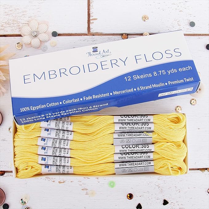 12 Skeins ThreadArt Premium Egyptian Long Fiber Cotton Embroidery Floss | Light Yellow | 6 Strand Divisible Thread 8.75yds Each for Hand Embroidery, Friendship Bracelets, Cross Stitch and Crafts